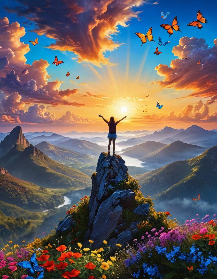 A bright and uplifting landscape featuring a person standing on a mountaintop, arms wide open, embracing the sunrise. Surrounding them are vibrant flowers and floating butterflies, symbolizing joy and positivity. In the background, a clear blue sky with soft clouds accentuates the feeling of freedom and hope. This scene should evoke a sense of empowerment and a fresh outlook on life. super-realistic. vibrant colors. high contrast.