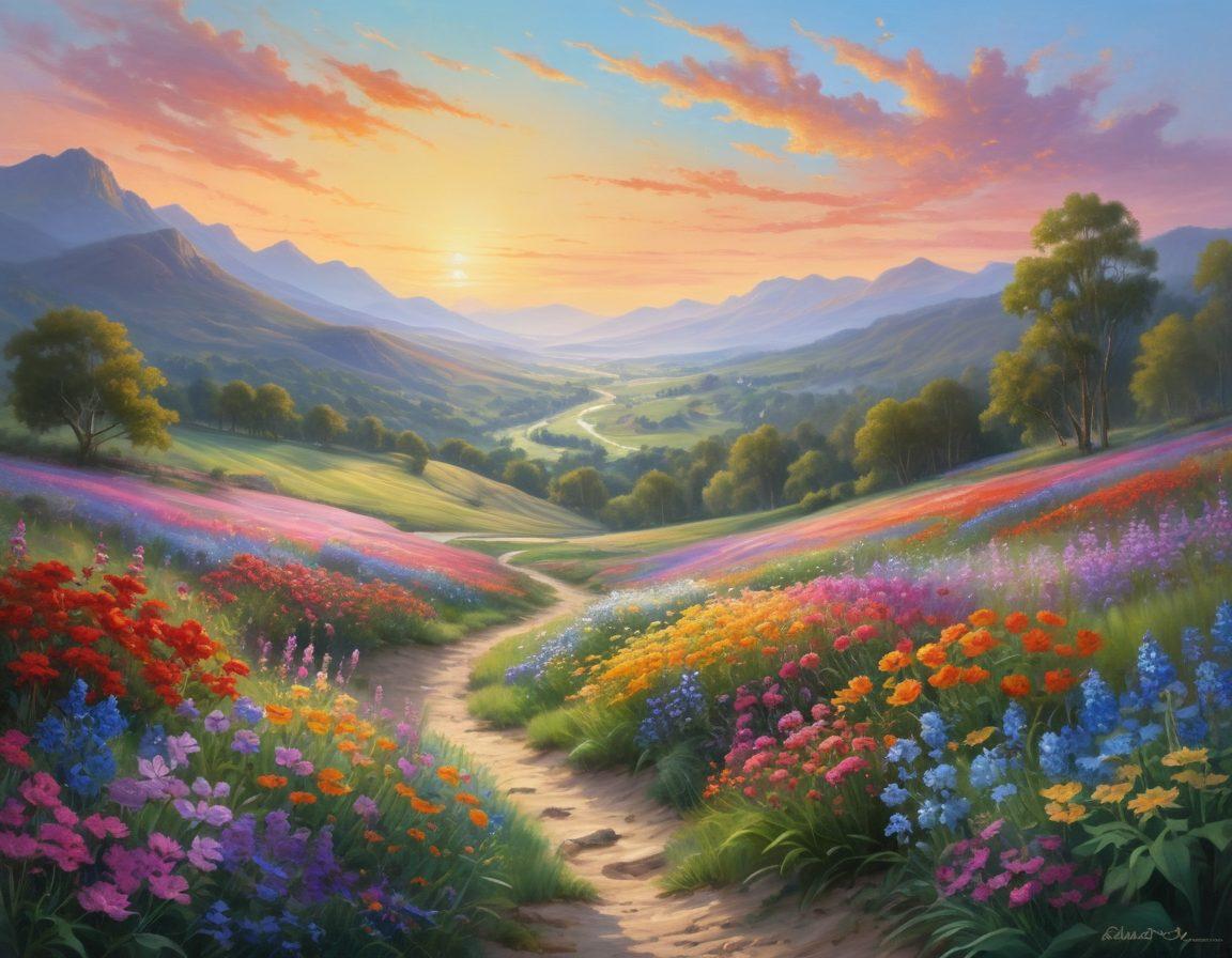 A serene landscape depicting a sunrise over a peaceful valley, with vibrant flowers blooming in the foreground. A diverse group of people, smiling and engaged in joyful activities like painting, gardening, and meditating, are scattered throughout the scene. Soft, warm light enhances the mood of happiness and well-being. The sky is painted in soft pastel colors, symbolizing hope and positivity. super-realistic. vibrant colors.