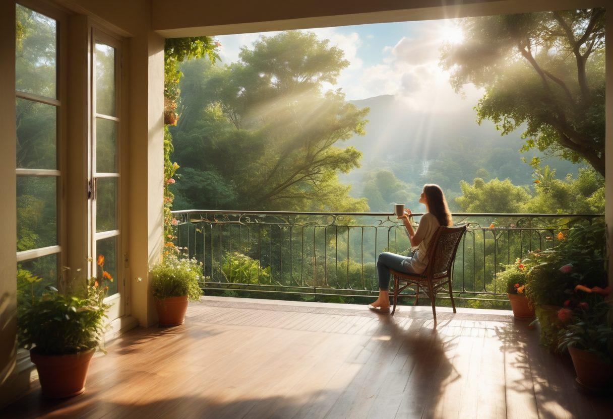 A serene landscape featuring a sun-kissed morning with a person joyfully sipping coffee on a balcony, overlooking lush greenery. Surround the scene with fluttering butterflies and blooming flowers to symbolize small joys in everyday life. Include light rays breaking through clouds to represent new perspectives. vibrant colors. soft focus.